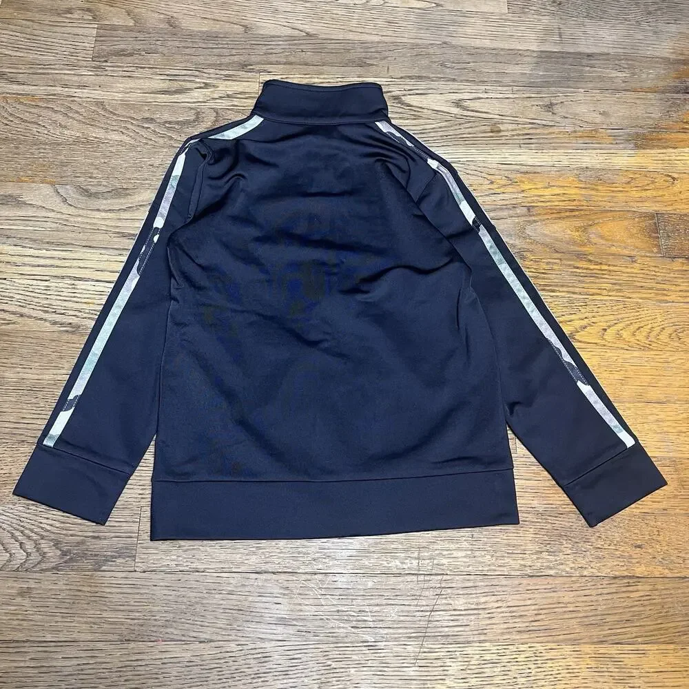 Adidas Boys Track Jacket Size 6 Zip Up Black Camo Blue White 3 Stripes Logo Kids
